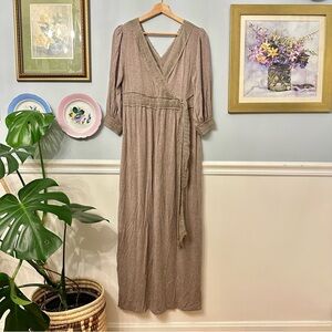 Soft Surroundings Tan Maxi Dress Size Small Boho Comfort Crochet Wrap Soft Cozy